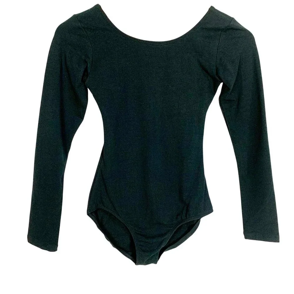 Eurotard Long Sleeve Leotard Black Bodysuit Child Size XL Lined Front Scoop Neck